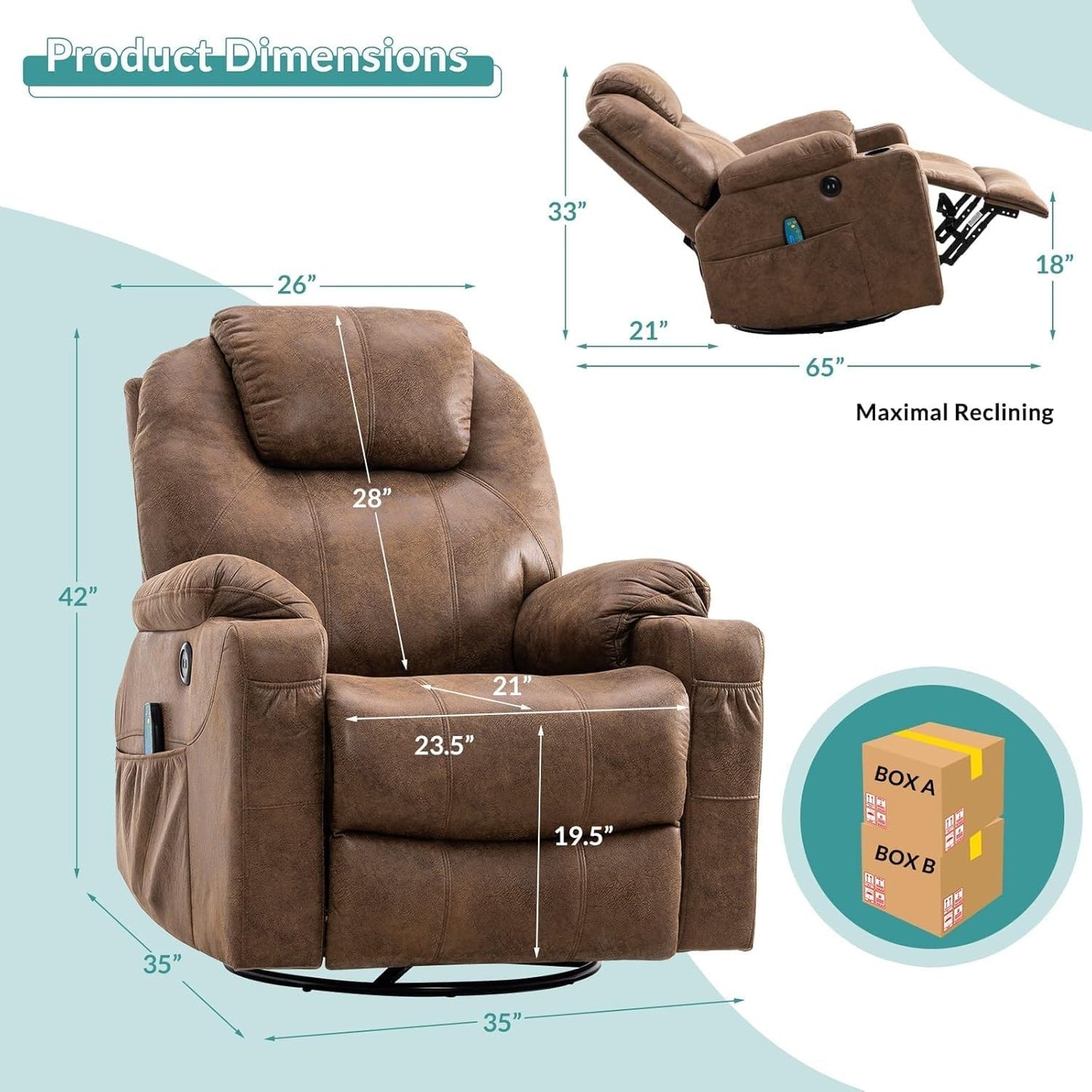 Manual Swivel Rocker Recliner Chair with Heat, Ergonomic Glider Rocking Reclining Chair, 360 Degree Swivel Lounge Chair with Cup Holders & Pockets for Living Room, Bedroom