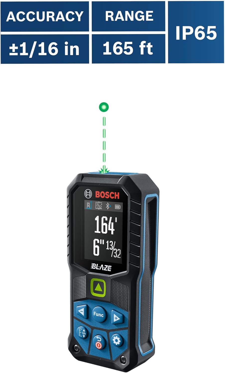 BOSCH GLM165-27CGL 165 Ft Blaze Green-Beam Laser Distance Measure with 3.7V Lithium-Ion 1.0 Ah Battery, Includes 1.0 Ah 3.7V Lithium-Ion Battery, Belt Clip, & Pouch
