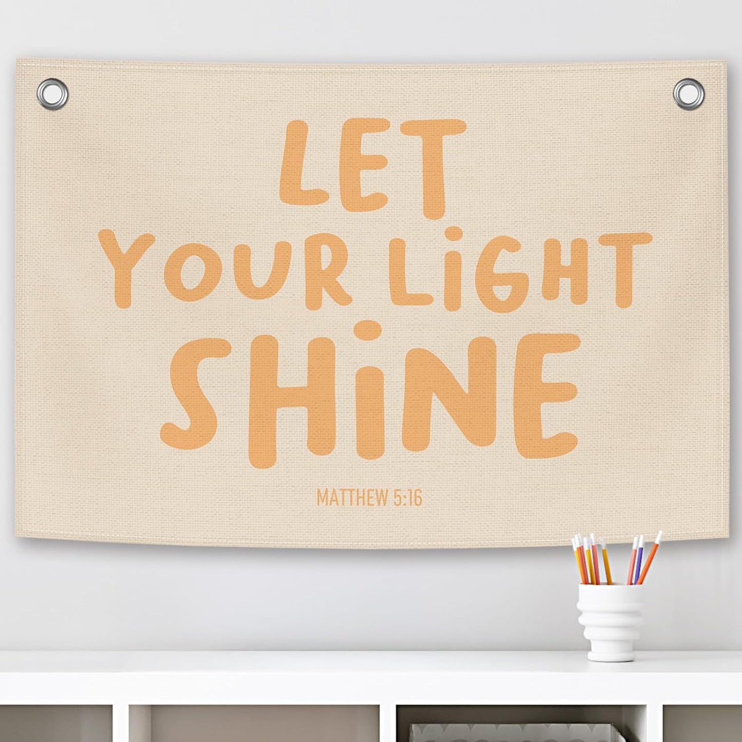 Christian Inspirational Kids Banner Canvas, Bible Verse Let Your Light Shine Toddler Room Decor, Positive Hanging Flag Sign, Nursery Wall Tapestry Art for Playroom Bedroom Classroom 20x30in