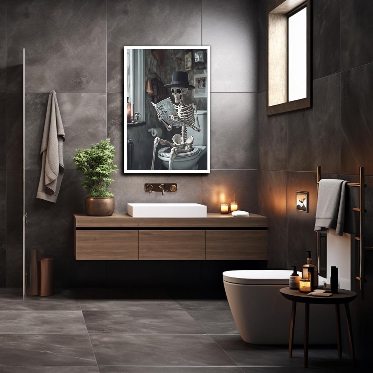 Funny Horror Skeleton Reading A Newspaper In The Toilet Print Picture Poster Whimsical Creepy Canvas Painting Wall Art Home Bathroom Room Decor Aesthetics 12X18 in Unframed