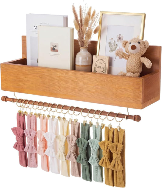 Suzile Wood Floating Shelf with Towel Bar & 20 Hooks, Large Capacity 19x5.5x5.5 Inch Wall Mounted Storage Organizer for Nursery, Kitchen, Bathroom, Living Room, Bedroom