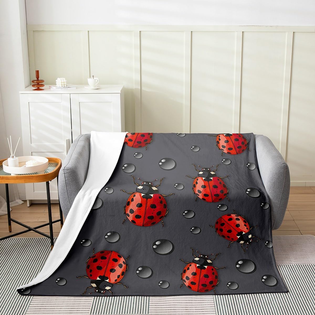 Erosebridal Red Ladybug Blanket, Cartoon Ladybugs Throw Blanket Throw 50x60, Cute Ladybird Reptile Fleece Blanket, Lady Beetle Raindrop Fuzzy Blanket for Kids Boys Girls Bedroom Living Room, Grey