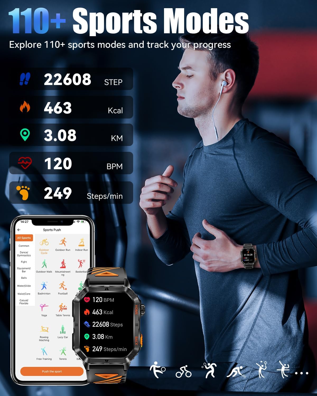 Military Smarty Watch for Men, 2.01" Smartwatch with 1200mAh Battery, Flashlight, Answer/Make Calls, Heart Rate/Sleep Monitor 100+ Sport Modes Fitness Tracker for Android/iPhone