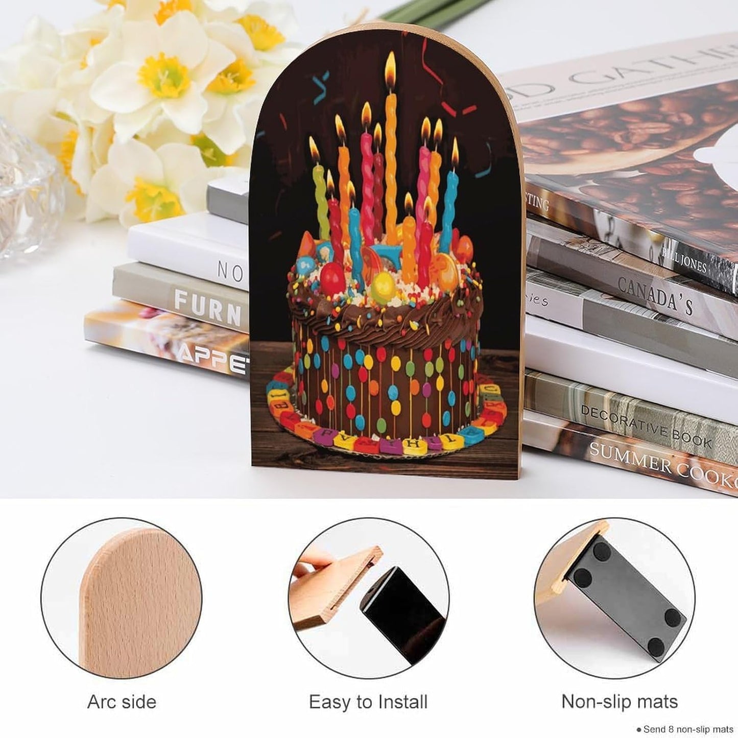 Happy Birthday Big Cake Bookends 1 Pair Heavy Duty Book Ends for Shelves Non-Skid Bookend Supports Wooden Book Holders with Metal Base Desk Organizers Books Storage to Hold Books