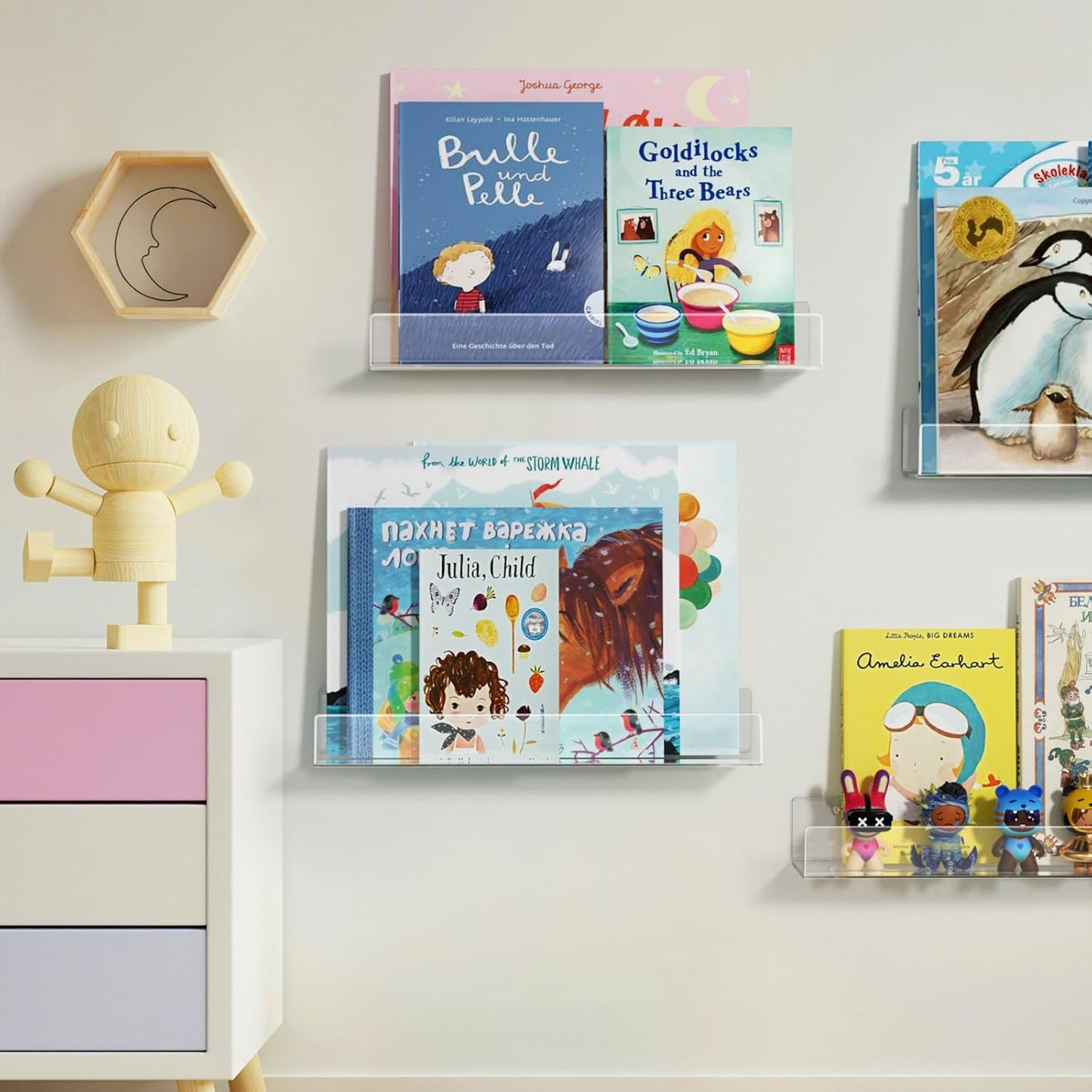 NIUBEE 16.5-Inch Acrylic Floating Bookshelves, 4-Pack, Clear Modern Wall Shelves for Child/Toddler， Invisible Ledge Book Shelves for Multi-Layer or Multi-Room Storage in Kids’ Rooms and Family Spaces