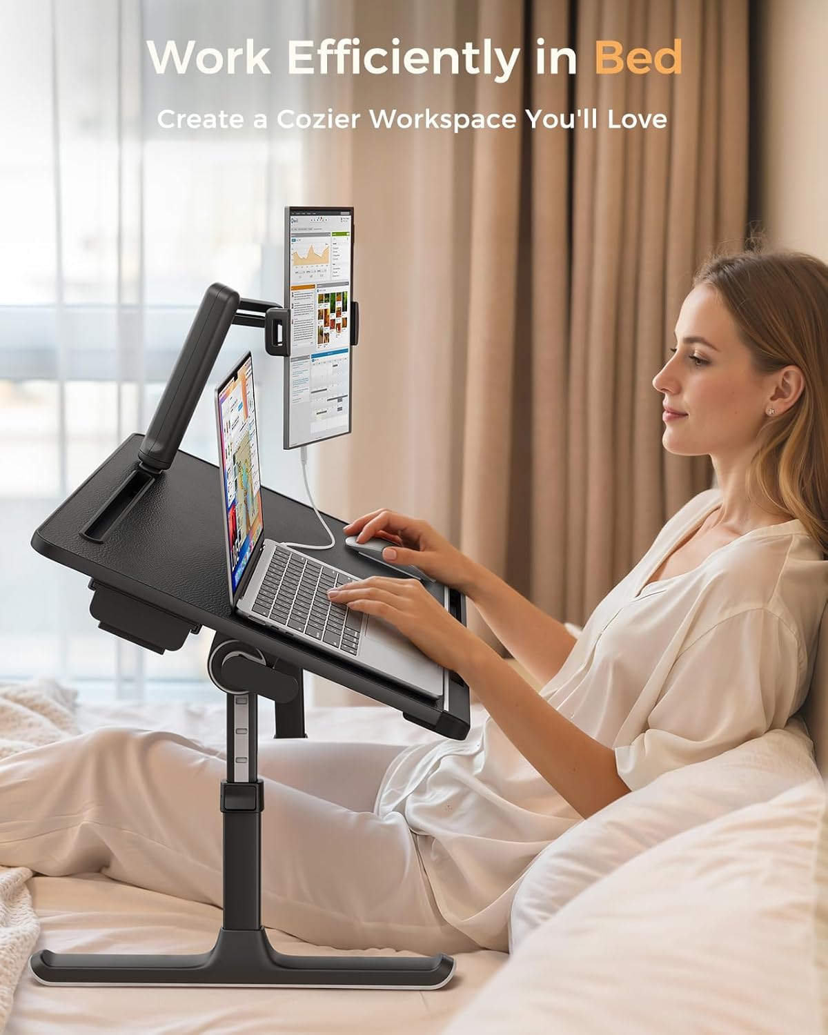 SAIJI Dual Screen Laptop Bed Desk | Foldable Adjustable Lap Desks for Adults, X-Large Couch Bed Tray Table with Portable Monitor Stand and Drawer