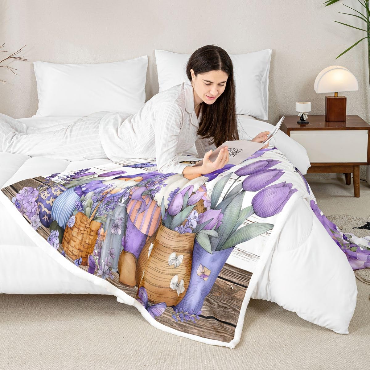 Erosebridal Flowers Blanket,Purple Flower Rustic Farmhouse Throw Blanket for Couch Bed Sofa,Cute Gnome Butterfly Fleece Blanket,Wild Animals Butterflies Floral Bed Blanket 60"x80"