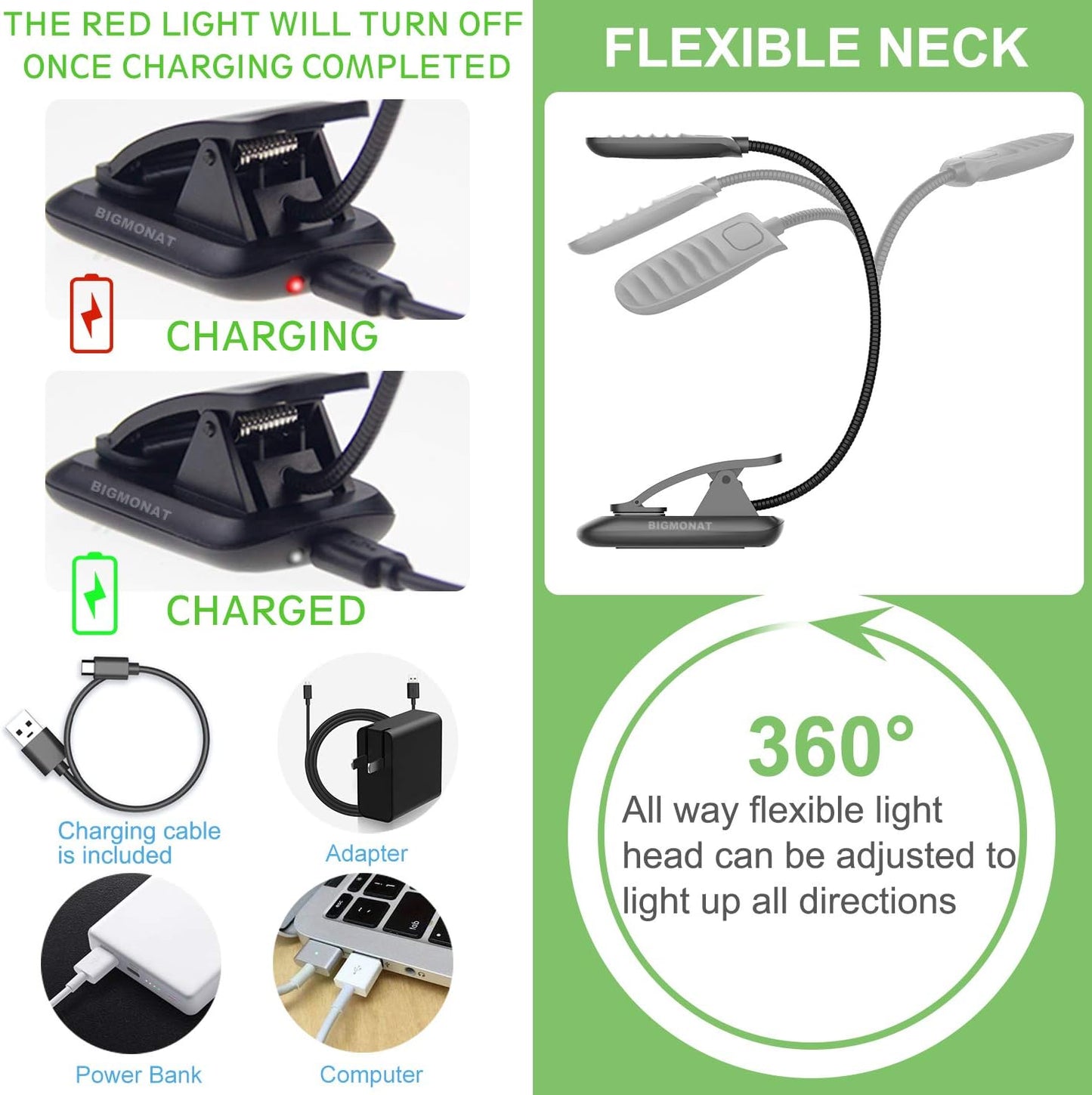 BIGMONAT Led Book Reading Light, Rechargeable Amber Book Night Light, Portable Bendable Neck, USB, Brightness Adjustable, Reduces Eye Strain, Black