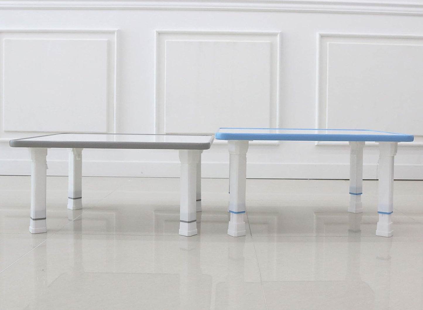 Kids Folding Floor Table — Adjustable Heights, for Play / Reading / Snack Time, White/Blue