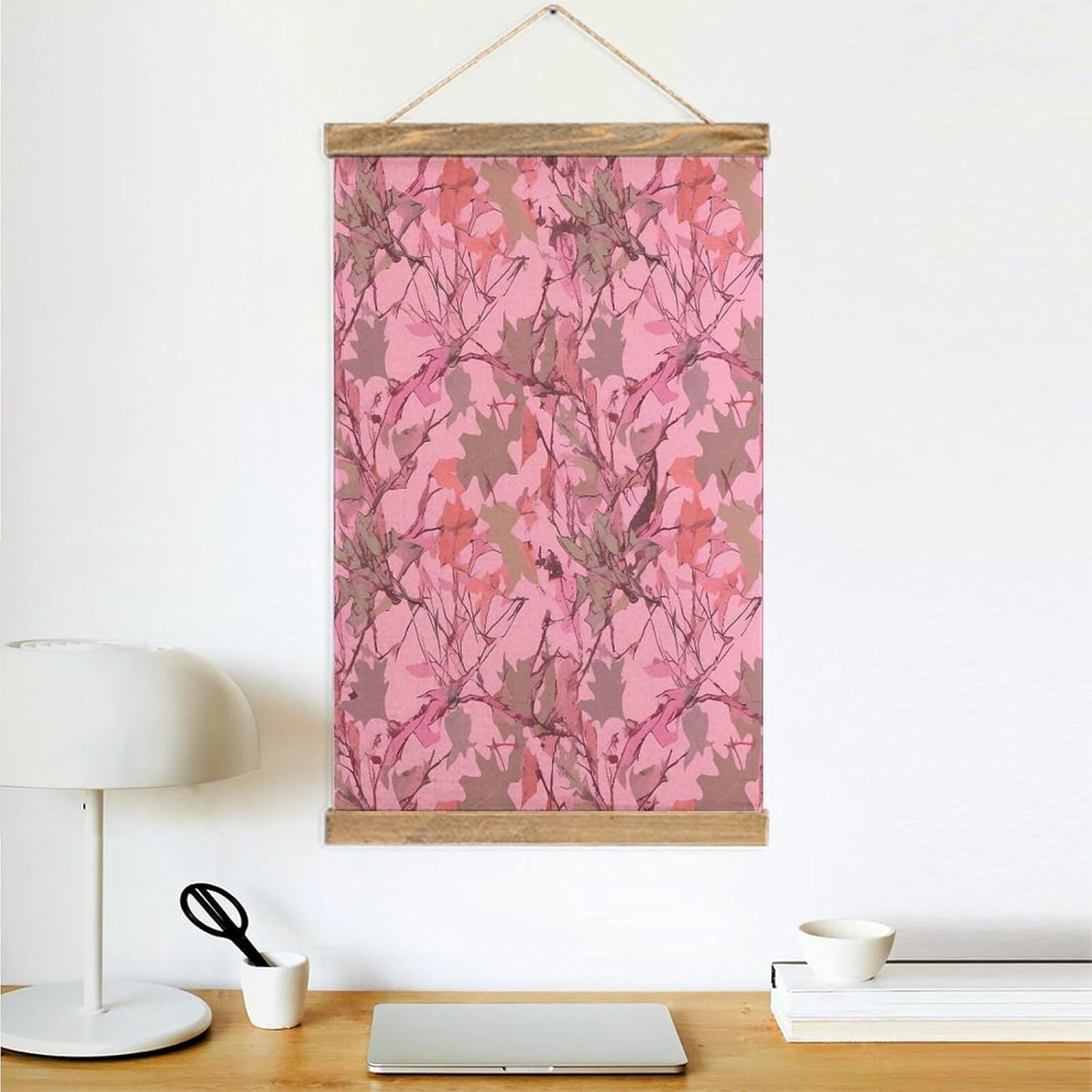 Vintage Pink Leaves Camo Poster with Wooden Frame Personalized Linen Hanging Scroll Painting Rustic Wall Hanging Illustrative Modern Artwork Decor for Home Living Room Bedroom Office