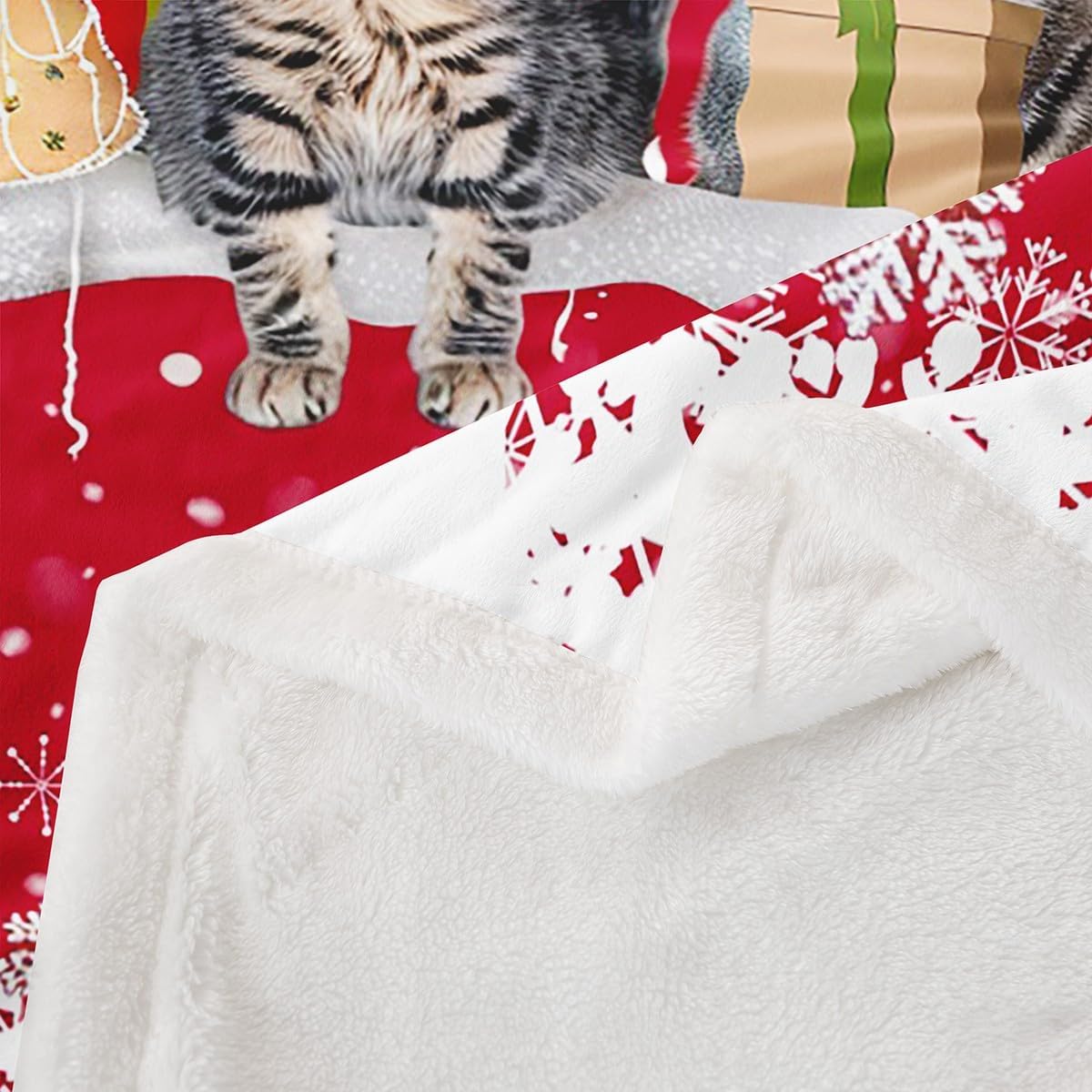 Merry Christmas Cat Fleece Throw Sherpa Blanket Xmas Snowflake Pet Sherpa Cute Kitten Print Plush 3D Animal Red White Warm Fuzzy 60"x80" Twin Bedroom Decor