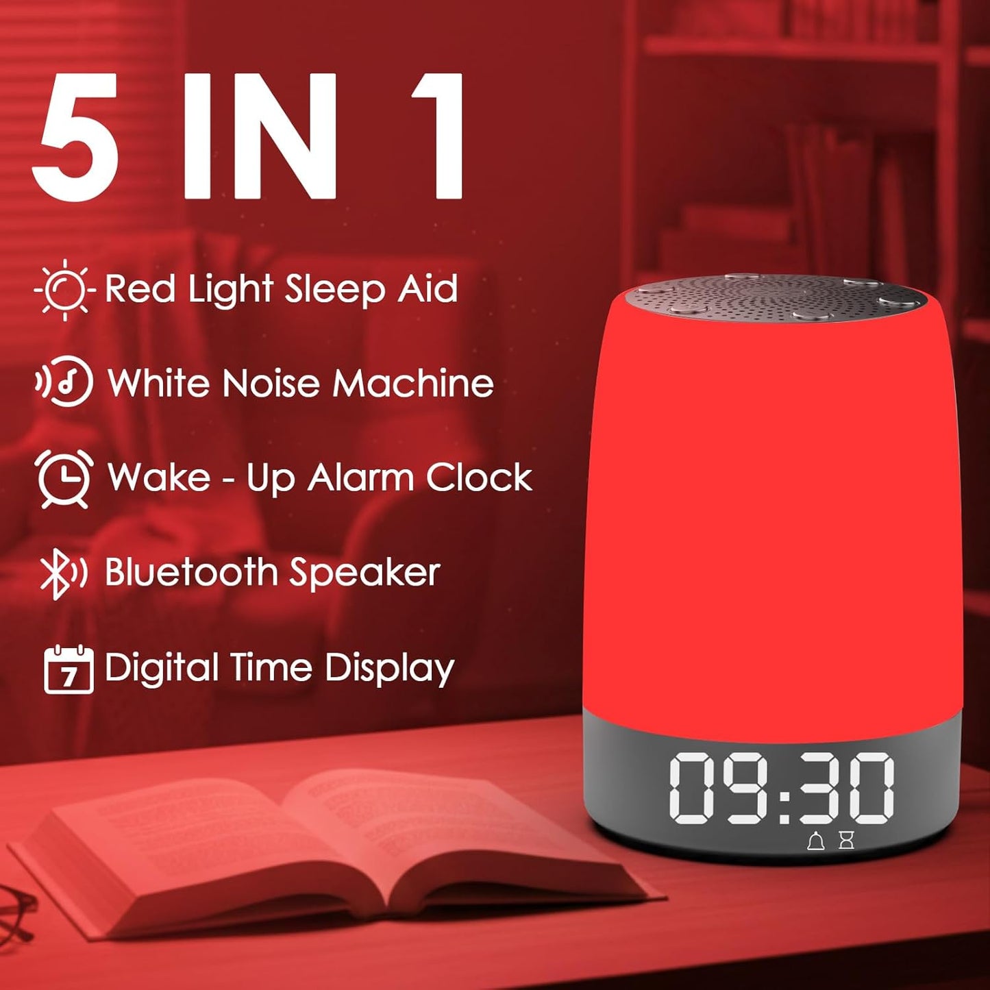 Red Light Therapy Sleep Device with 5-Level Red Light Therapy (620–690nm), 32 White Noise, Smart App Control, Night Light to Support Deep Relaxation and Improve Sleeping for Adult & Kid