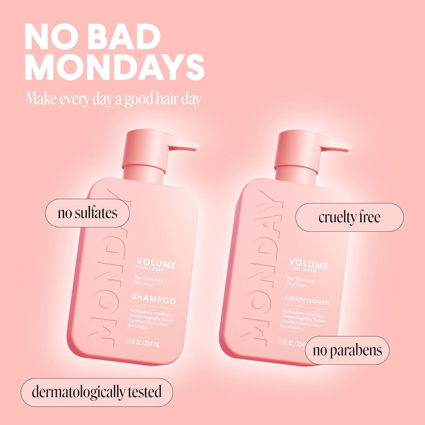 MONDAY HAIRCARE Volume Shampoo + Conditioner Set (2 Count) 12 oz. For Thin, Fine, and Oily Hair Made with Coconut Oil, Ginger Extract, and Vitamin E 100% Recyclable Bottle