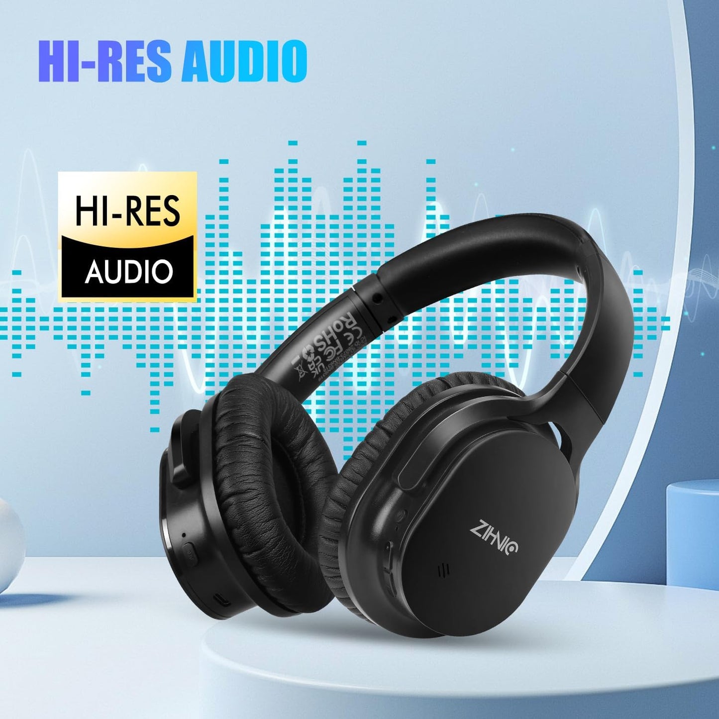 ZIHNIC Bluetooth 5.3 Noise Cancelling Headphones, Over-Ear Wireless Headset with 60H Playtime,Low Latency Game Mode, Lightweight, Deep Bass Hi-Fi Sound for Travel, Home, Office - Black