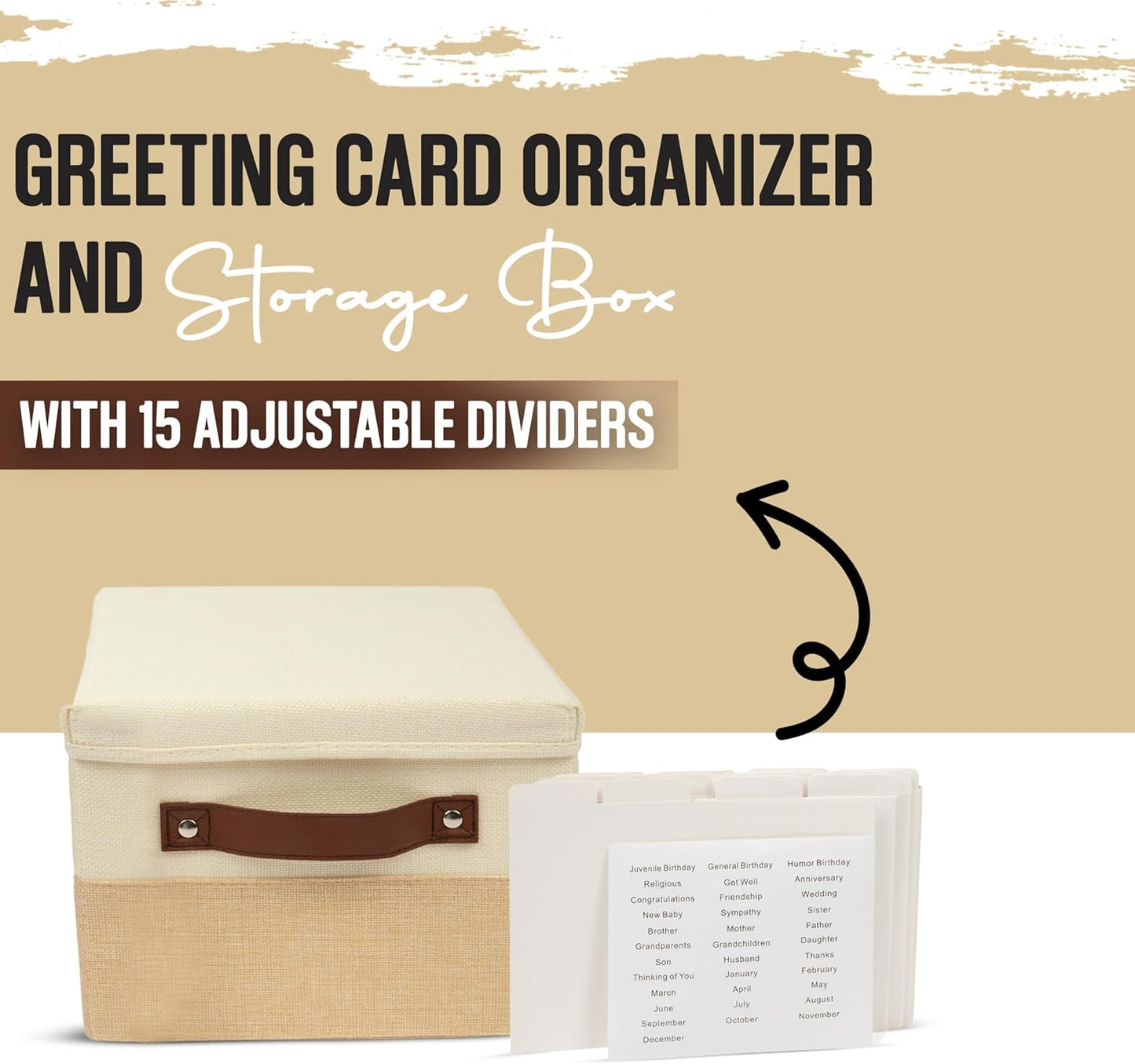 Greeting Card Organizer Box with 15 Dividers | Holds 150+ and Collapses When not in Use | Stylish Greeting Card Storage Box Organizer