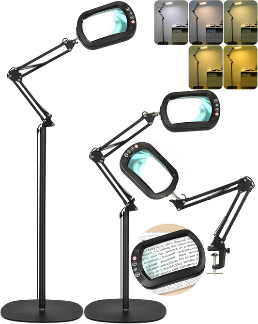 10X Large Rectangle Magnifying Glass with Light and stand, 5*3 Inch Real Glass 5 Color Modes Stepless Dimmable Arm Swing LED Floor Lamp, 3-in-1 Lighted Magnifier for Reading Painting Craft Close Work