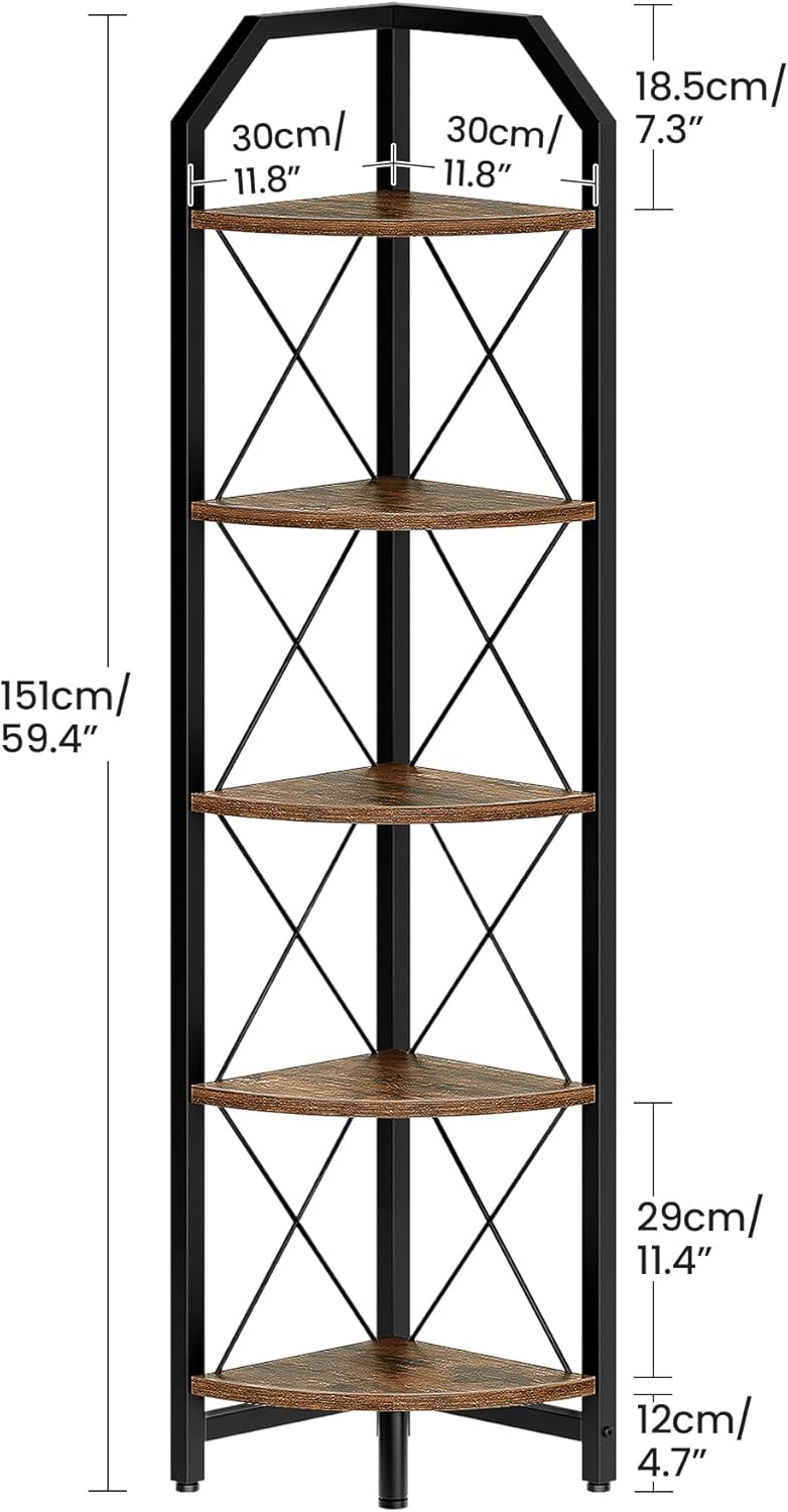 59.4" Corner Shelf, 5-Tier Industrial Corner Bookshelf, Corner Storage Stand, Plant Stand Display Shelf, Bookcase for Bedroom, Living Room, Home Office, Rustic Brown and Black TCJ10BF