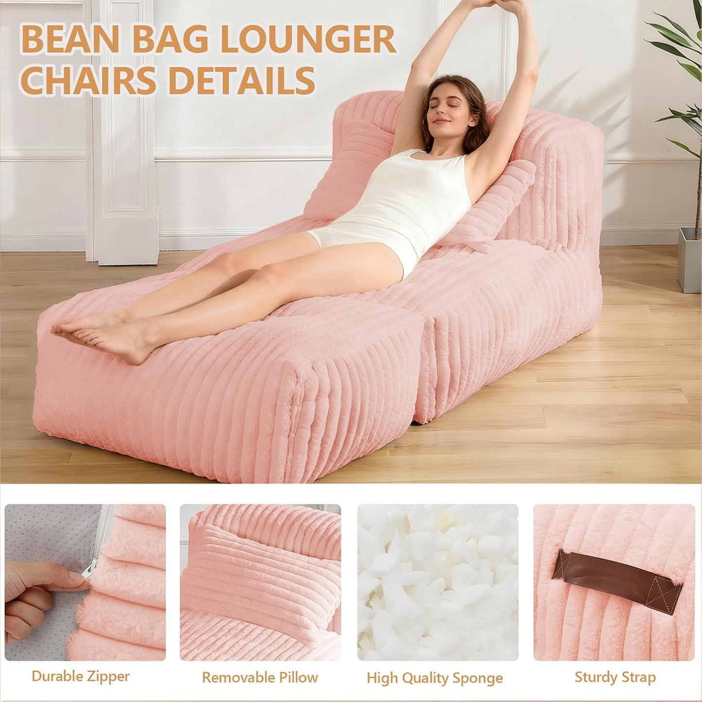 Giant Bean Bag Lounger Sofa with Pillow, Large Beanbag Chair for Adults, Oversized Comfy Beanbag Lazy Floor Sofa, Bean Bag Couch with Memory Foam Filled for Living Room, Bedroom, Pink