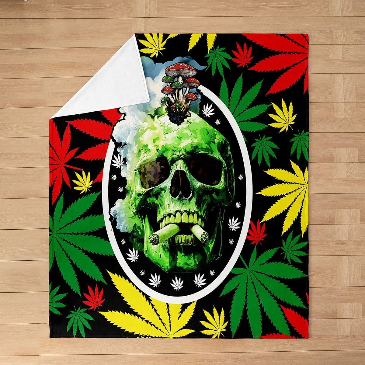 Gothic Skull Flannel Blanket,Cannabis Leaf Marijuana Weed Throw Blanket,Trippy Skeleton Halloween Theme Cozy Throws for Bed Couch Sofa,Green Black Soft and Breathable,Throw Size (50 x 60 Inches)