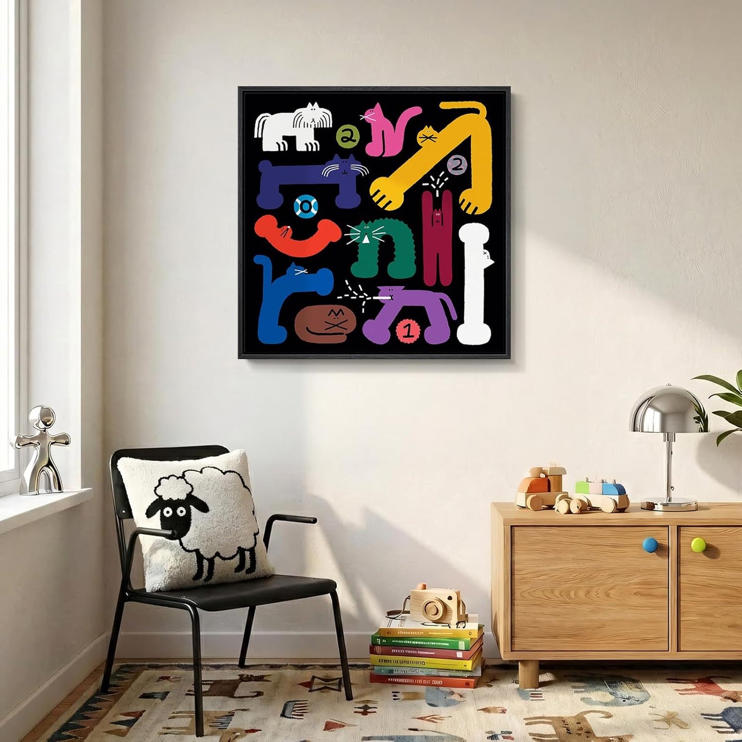 Framed Colorful Funny Cat Wall Art for Kids Room, Abstract Eclectic Cute Cartoon Prints Painting, Large Playful Animal Picture Wall Decor for Living Room Bedroom Nursery 24x24 Inch