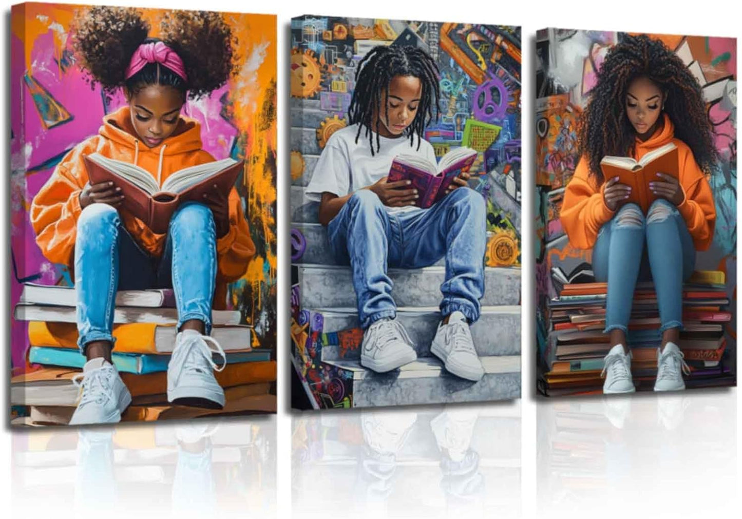 ZSHARTSWD 3 Pieces African American Wall Art Black Girl with Boy Reading Picture Black Children Canvas Print Inspiring Painting for Teen Bedroom Decor Framed (Orange, 11.00" x 14.00" x 3PCS)
