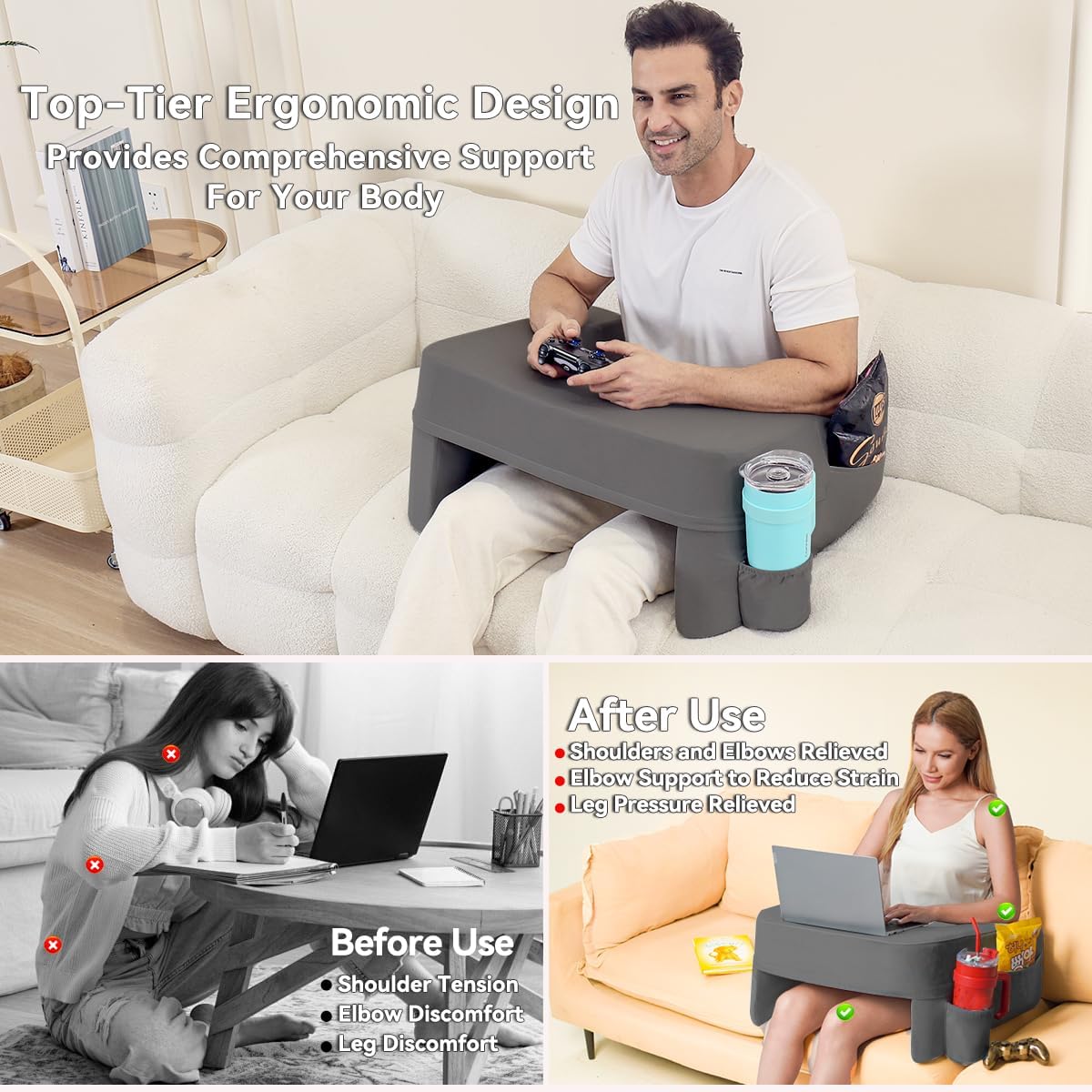 Soft Lap Desk Pillow for Laptop & Gaming,Arm Rest Laptop Lap Desk for Bed Couch with Cup Holder & Pocket,Ultimate Reading Pillow for Lap(Dark Gray, Large)
