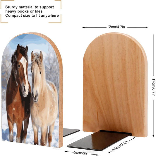 Two Horses Standing in The Snow Wooden Bookend Non-Slip Book Ends Heavy Duty Book Stopper with Metal Base Books Holderd Decorative Bookends Stands Firmly for Office Supplies
