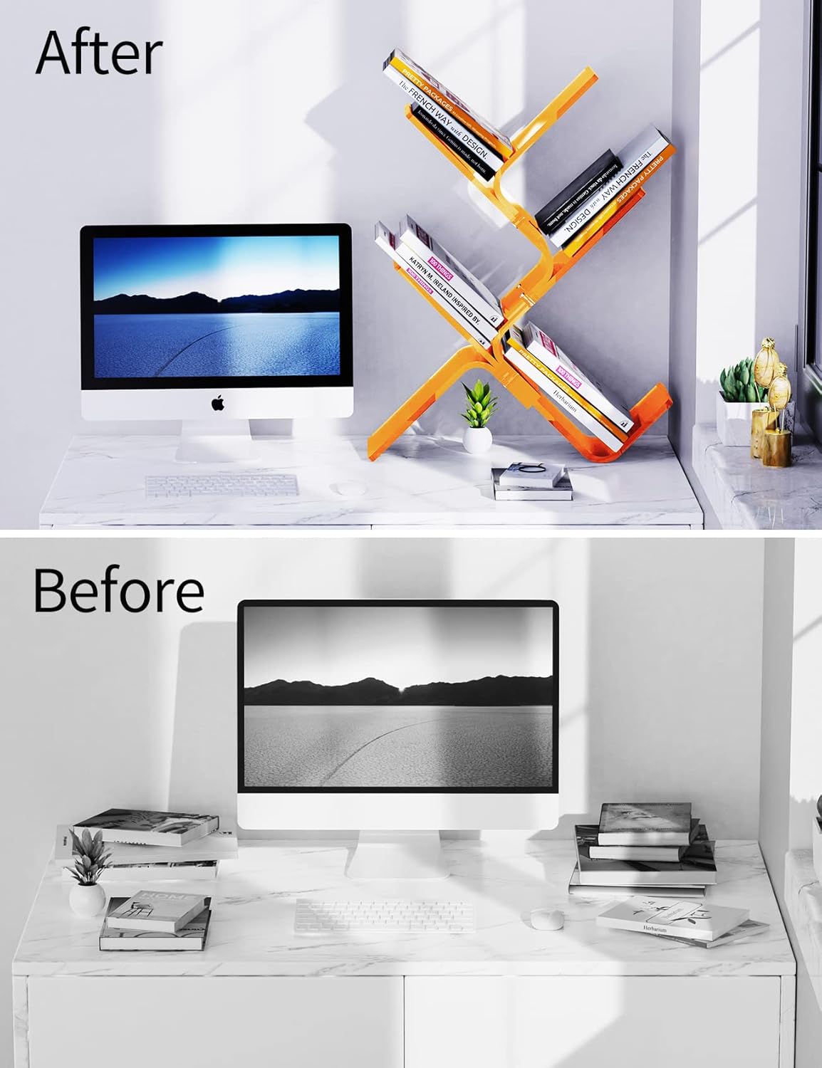 Acrylic Tree Bookcases Modern Clear Bookshelf Standing Bookcase Tree Organizer Decorative Storage Rack (Orange, 24.4'' x 7.9'' x 36.2'')