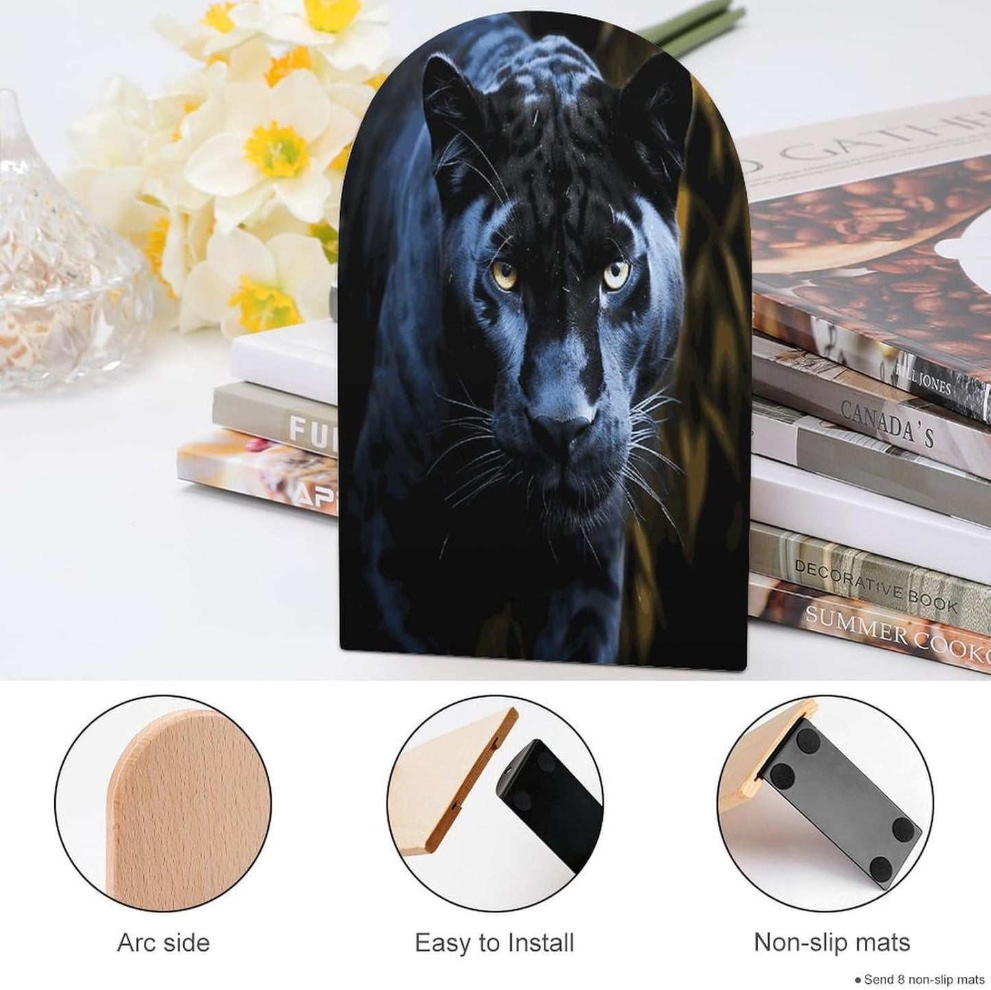 Panther with Blue Eyes Bookend for Shelves Wooden Book End Large Size Sturdy Book Holders Stoppers with Metal Base for Bookshelves Slick Decorative Bookends Stands