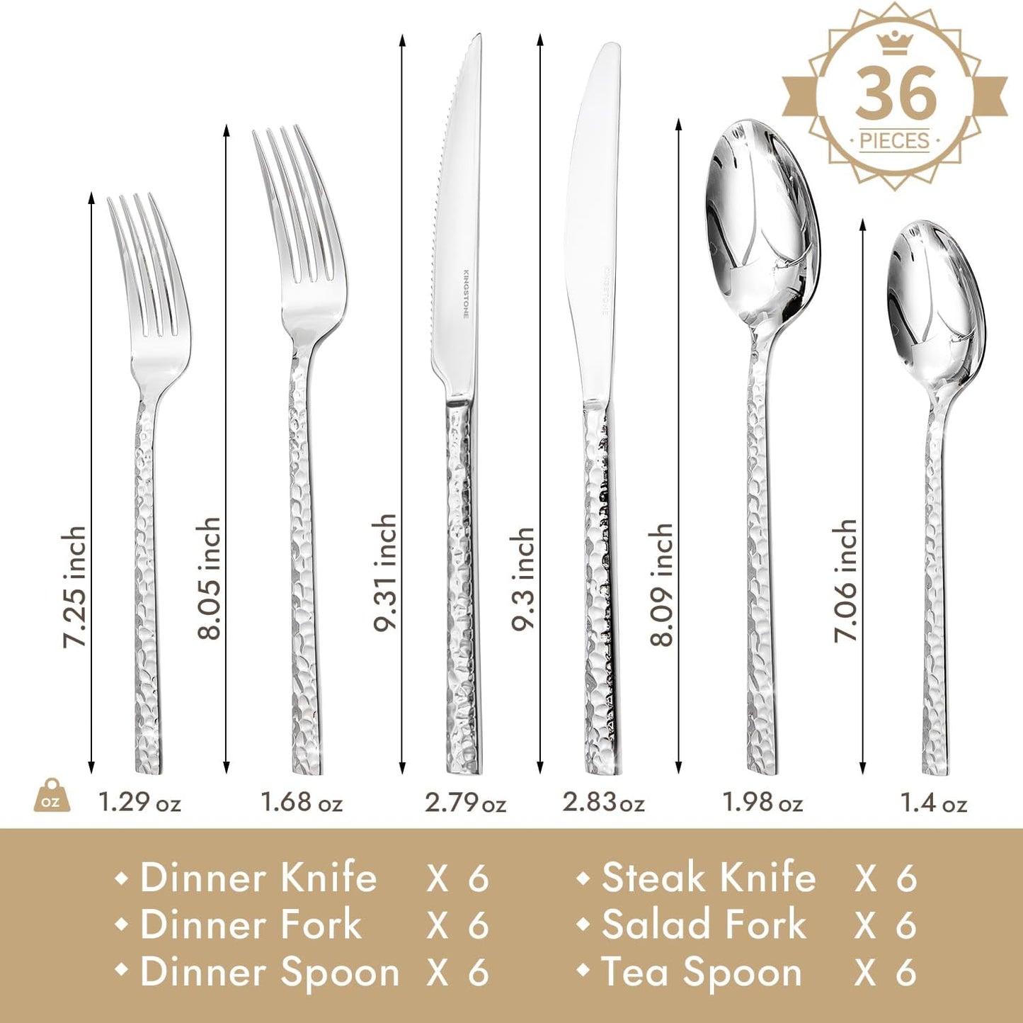 KINGSTONE 36 Piece Silverware Set with Steak Knives, Hammered Silverware Set for 6, 18/10 Stainless Steel Flatware, Cutlery Set for Home, Party, Wedding, Mirror Polished Dishwasher Safe