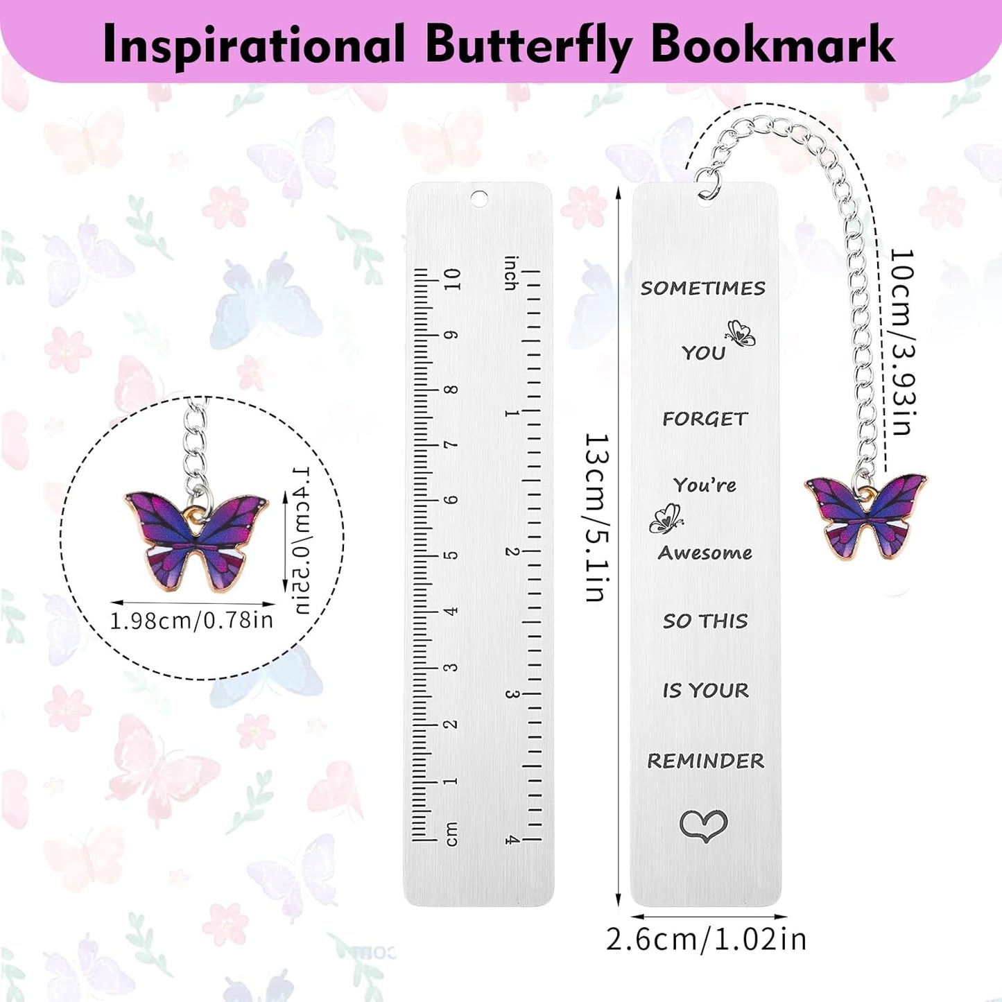 Inspirational Gifts Bookmarks, Sometimes You Forget You're Awesome So This is Your Reminder with Butterfly Pendant Motivational Stainless Steel Book Markers Rulers for Reading()
