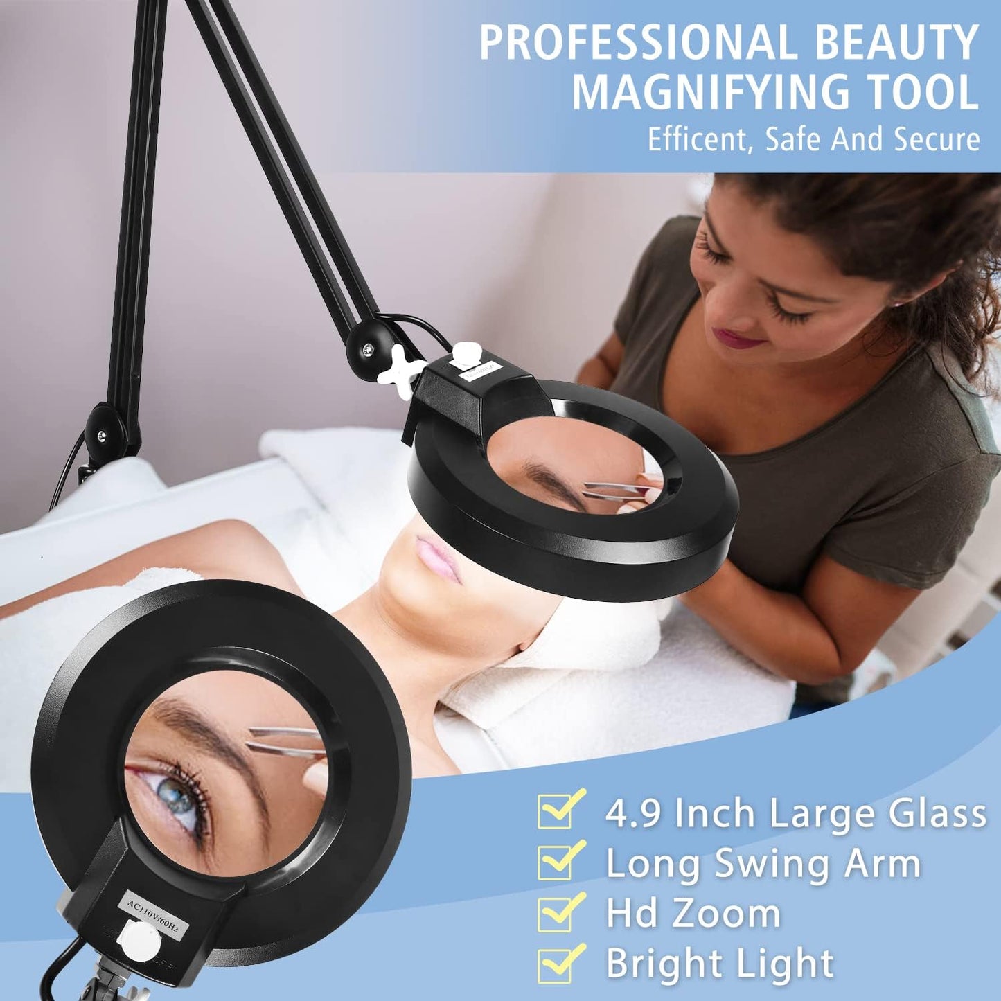 LANCOSC 10X Magnifying Glass with Light and Stand, Floor Lamp with 5-Wheel Rolling Base for Facials Lash Estheticians, 2,200 Lumens Dimmable LED Lighted Magnifier for Reading Sewing Crafts - Black