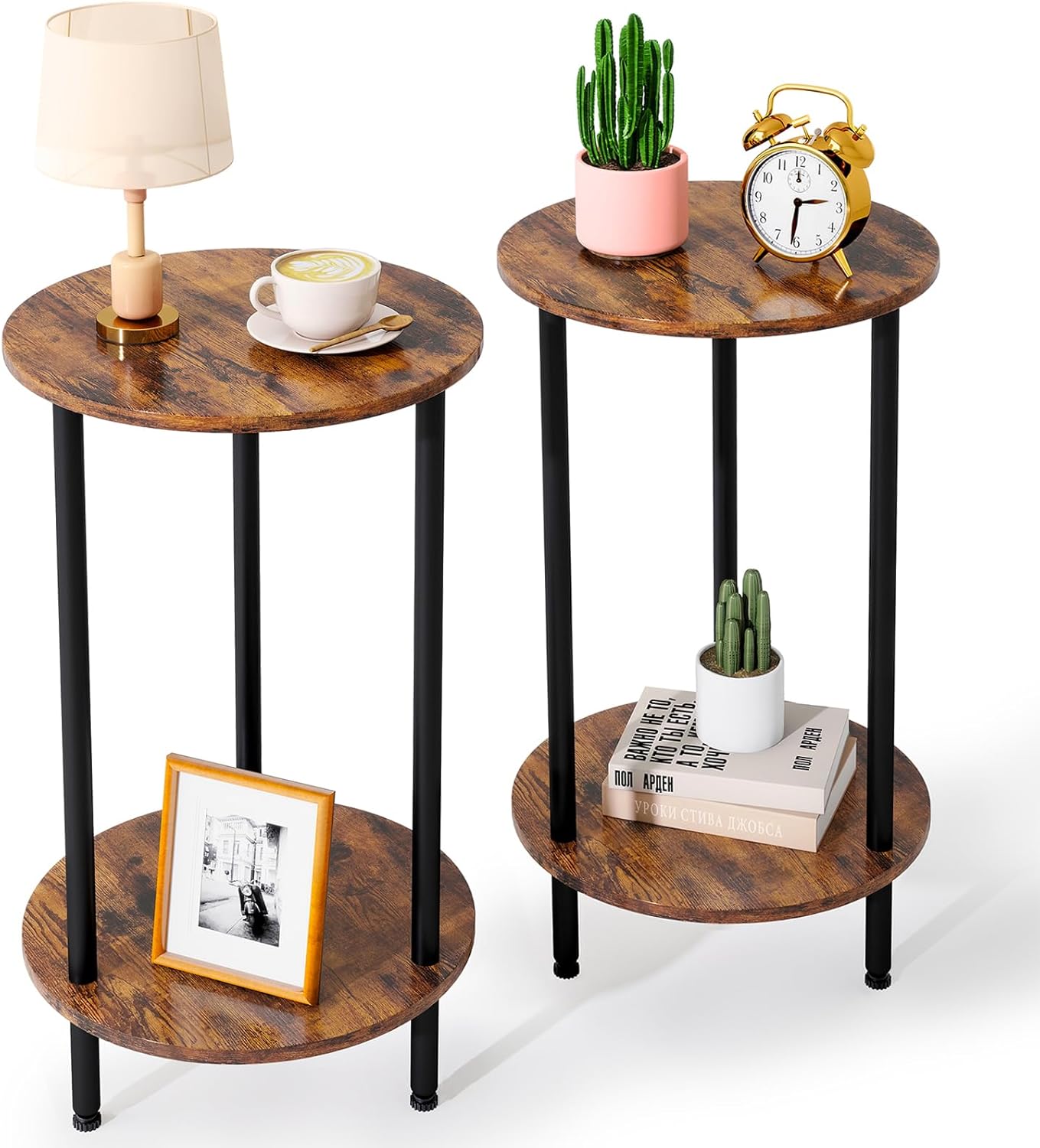 Round Side Table Set of 2, 2-Tier End Table, Small Round Nightstands with Storage, Modern Accent/Bedside Table for Living Room, Bedroom-Brown