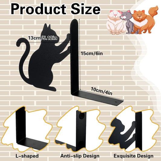 Hicarer Cat Metal Bookends Push Cat Bookends Cute Book Ends for Shelves Decorative Home Office Desk Bookshelf Gift for Reading Enthusiasts Family
