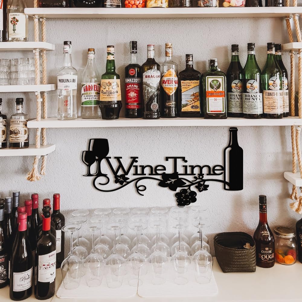 XORT Metal Wine Sign, Bar Metal Sign, Metal Kitchen Wall Decor, Vino Lover Metal Wall Art Decorative Home Restaurant Bar (Black - 16 x 8 Inch)