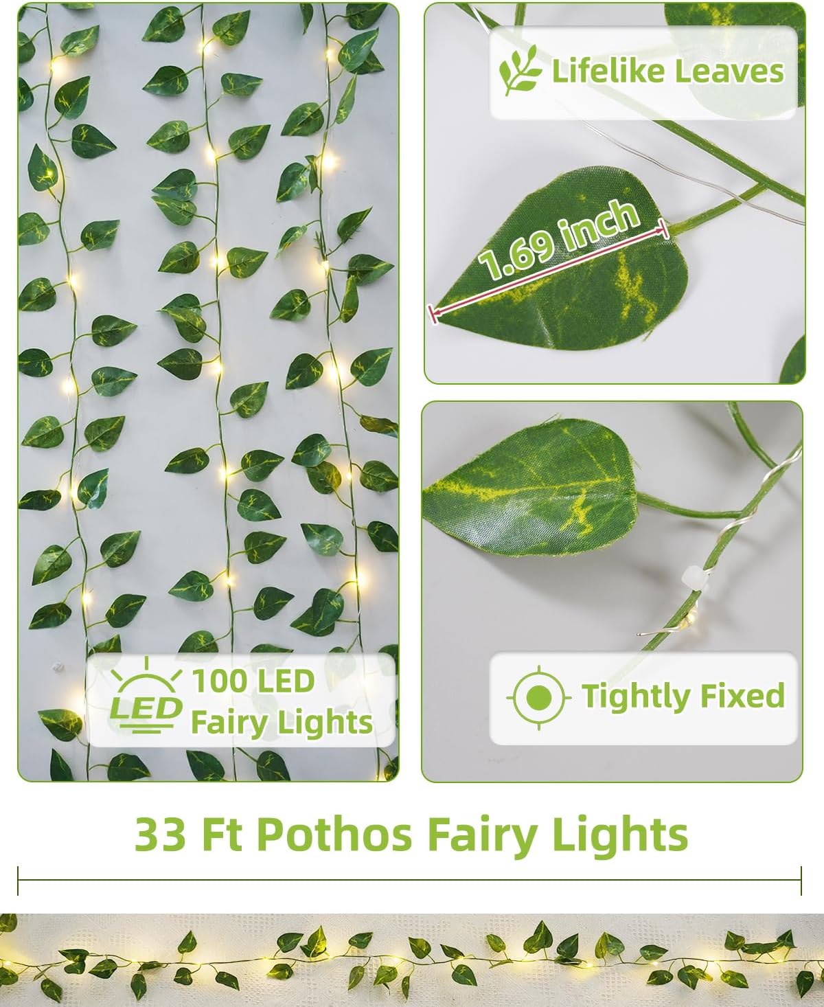 KASZOO 33ft 100 LED Vine with Fairy Lights - Pothos String Lights Battery/USB Operated, Ivy Garland with Remote, Leaf Lights for Bedroom Garden Party Wall Room Decor