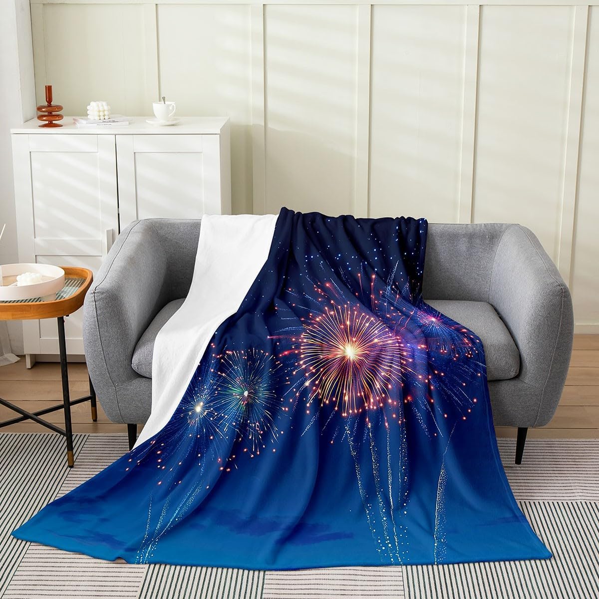 Erosebridal Firework Fleece Blanket,Watercolor Fireworks Throw Blanket Throw 50x60 Inch for Bedroom,Oil Painting Night Sky Bed Blanket,Happy Holiday Flannel Blanket Luxury Soft