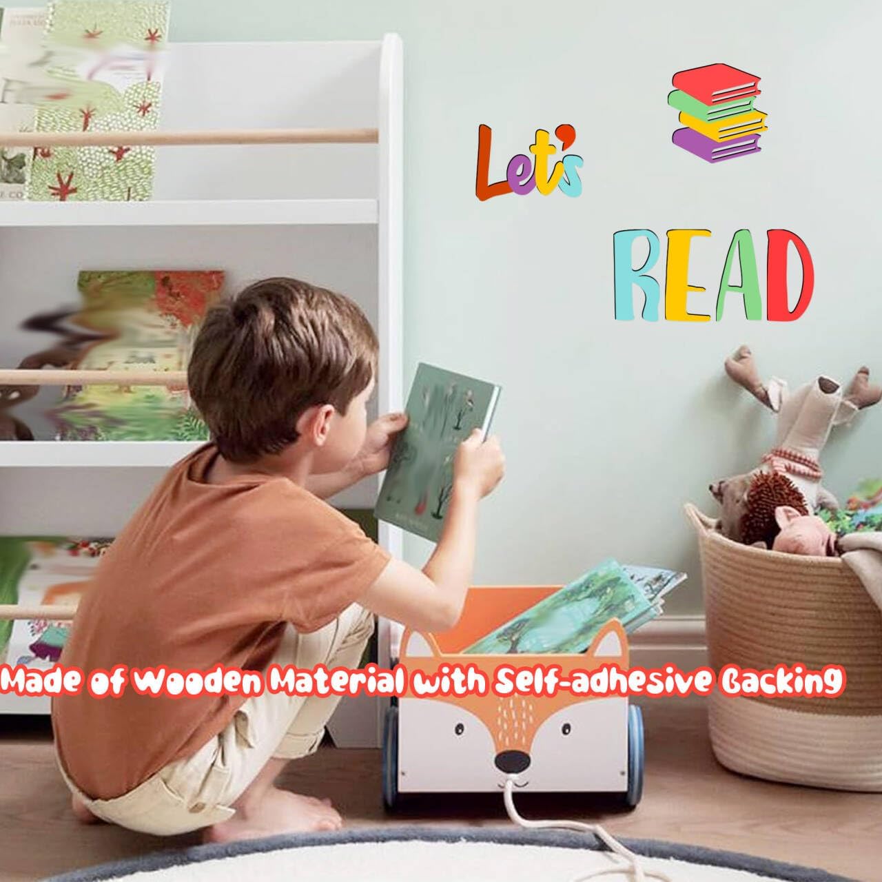 Let's Read Sign Wall Decals Colorful Reading Rooom Wall Decor Stickers Reading Nook Wood Sign Decals Decor Removable Motivational Walls Sicker for Kids Bedroom Playroom Nursery Library Classroom Decor