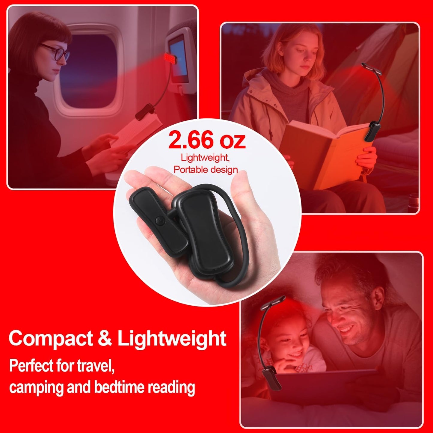 630nm Red Book Light - Zero Blue Light, Rechargeable Clip On Red Reading Light for Reading at Night, Poratble Dimmable LED Book Lamp, Perfect for Travel Nursing Studying