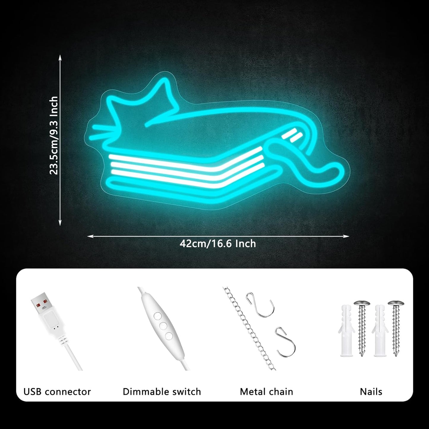 Book Cat Neon Sign, Neon Signs for Wall Decor, Dimmable Led Signs for Bedroom, Light Up Signs for Classroom Kidsroom Book Party Library Decoration Bookish Decor Gifts