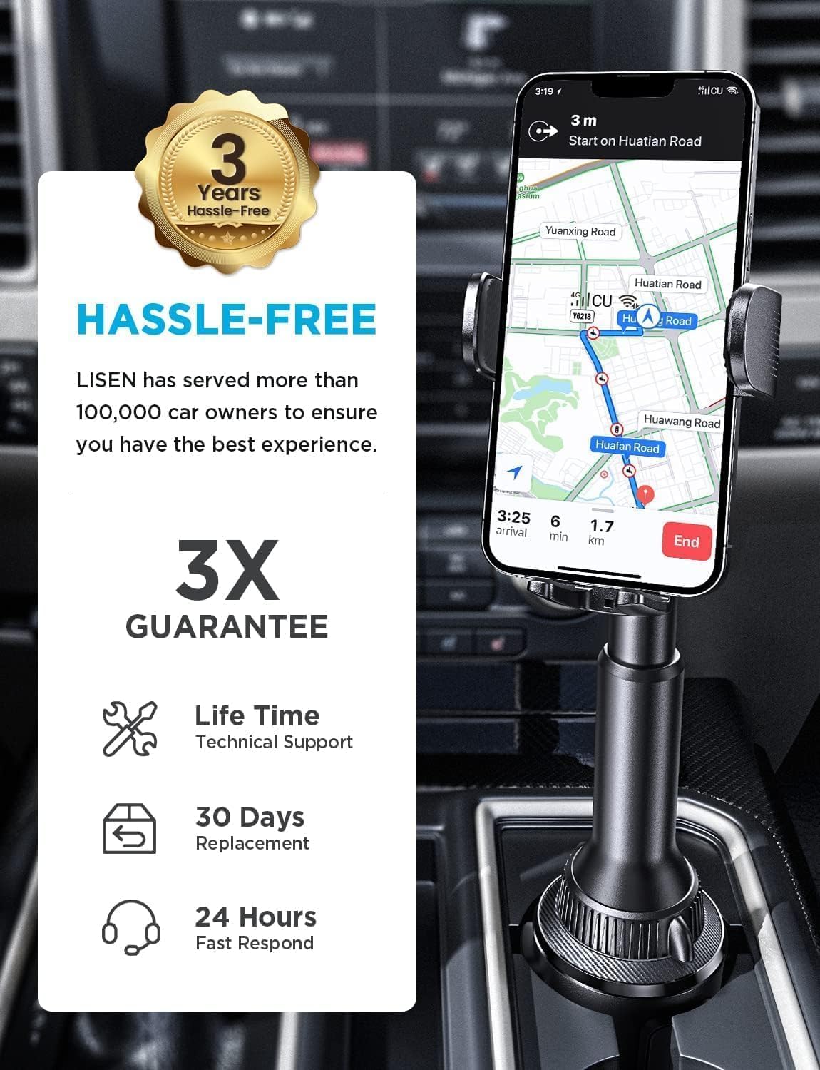 LISEN Cup Holder Phone Holder [No Shaking] Phone Holder for Car, 360° Adjustable iPhone Holder Car Accessories for Women Truck Jeep Golf for iPhone 17 Pro Max 16 15 14 Samsung S25 All 4-7'' Phone