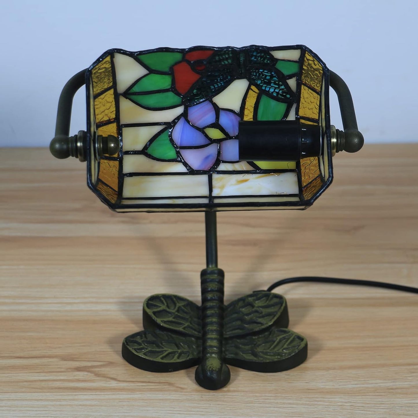 Mini Small Banker Lamp Tiffany Office Desk Lamp Stained Glass Table Lamp Luxury Memory Adjustable Accent Piano Reading Lamp for Living Room Bedroom Library Dragonfly Cast Iron Base,Butterfly