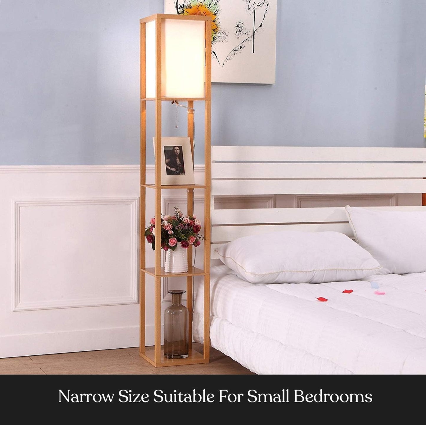Brightech Maxwell - Modern Shelf Floor Lamp with Lamp Shade & Warm White LED Bulb, Corner Display Floor Lamp with Shelves for Living Room, Bedroom, Nightstand Office, Home Decor Storage - Natural Wood