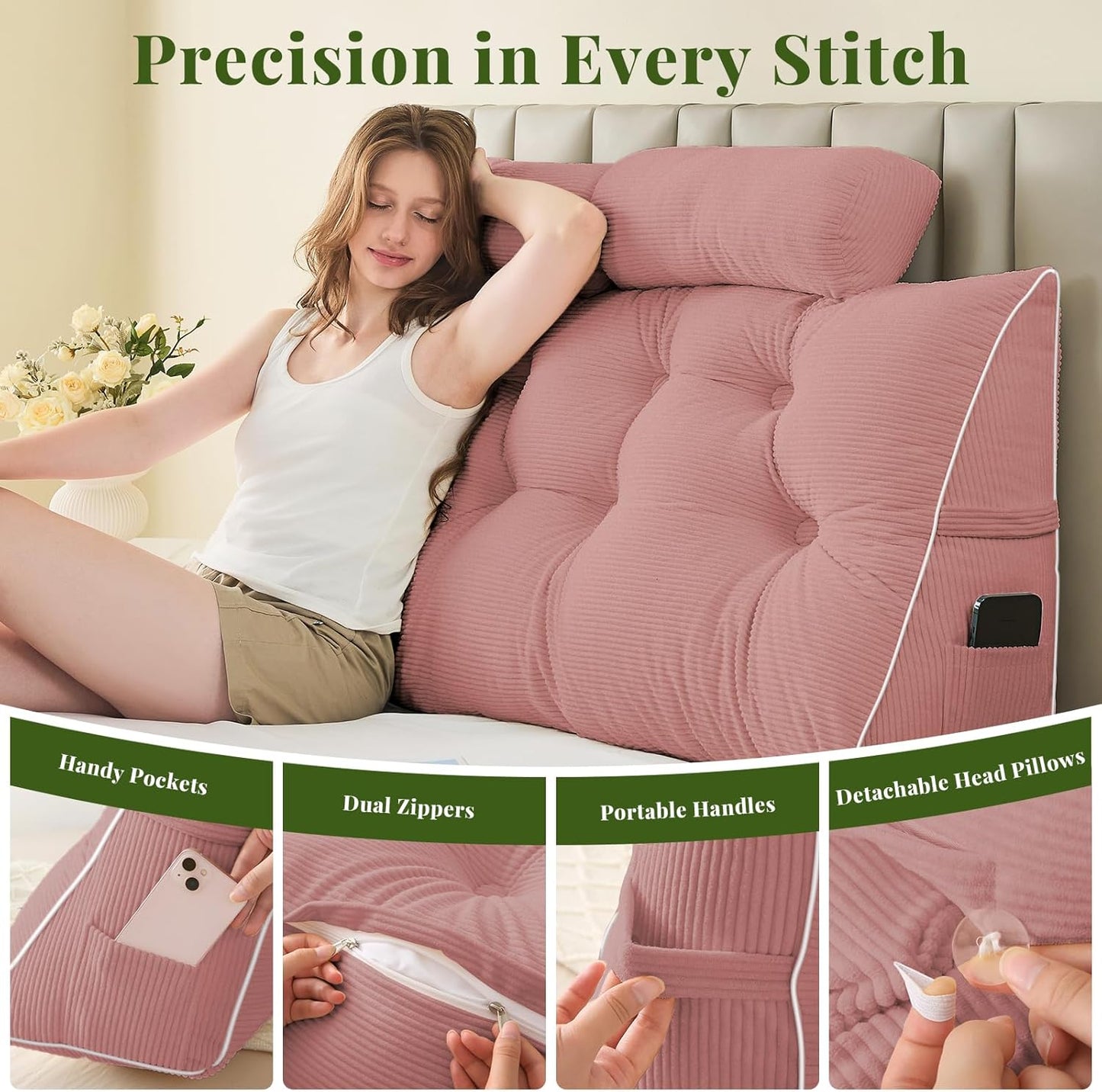 Sasttie Headboard Pillow Full, Wedge Pillow Headboard for Bed Sitting Up, Back Support Pillows for Reading, Sitting or Working with Detachable 2 Pack Neck Bloster Pillows, Pink