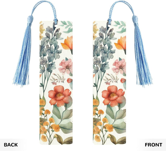 Flower Branches and Leaves Bookmarks Gifts for Women Men, Wooden Bookmarks for Book Lovers, Vintage Book Marks Ornaments with Tassel, Unique Personalized Reading Page Markers Sky Blue