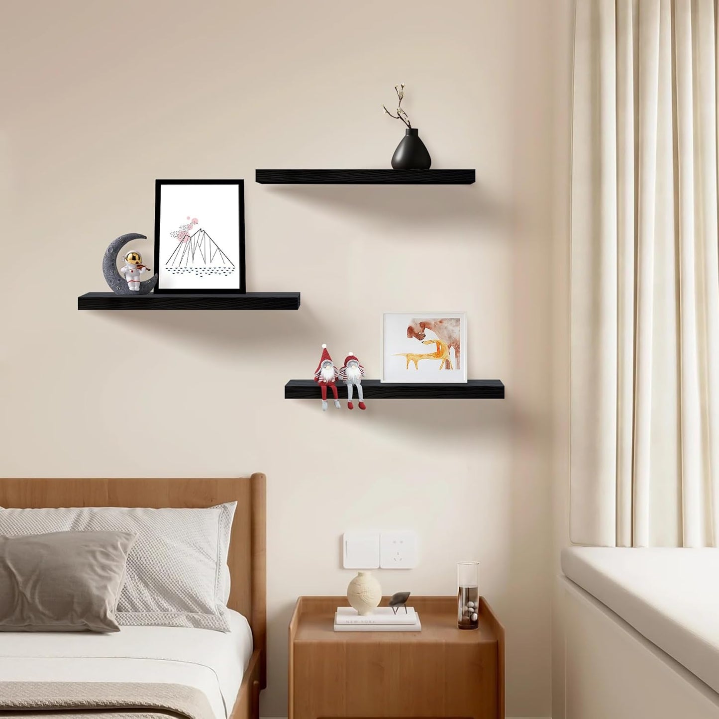 Floating Shelves for Wall Set of 3, 16" Black Wall Shelves for Home Decor, Frame Display Floating Shelf for Living Room, Bedroom, Bathroom, Kitchen