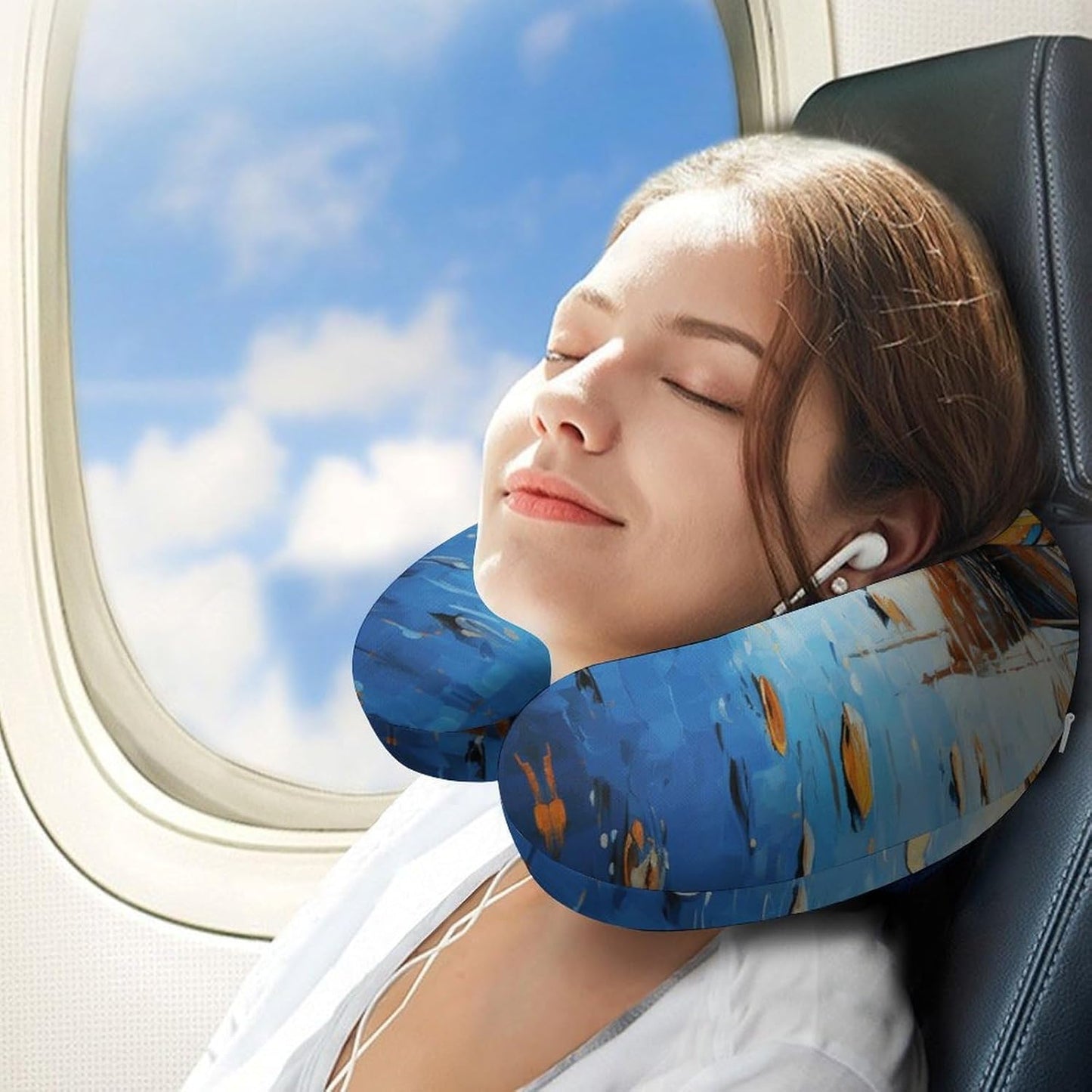 Boats and Sea Oil Paintings Neck Pillow Memory Foam U Shaped Pillows Portable Pillows for Shoulder Travel Head Support Pillow with Concealed Zipper for Airplane Car Home Office
