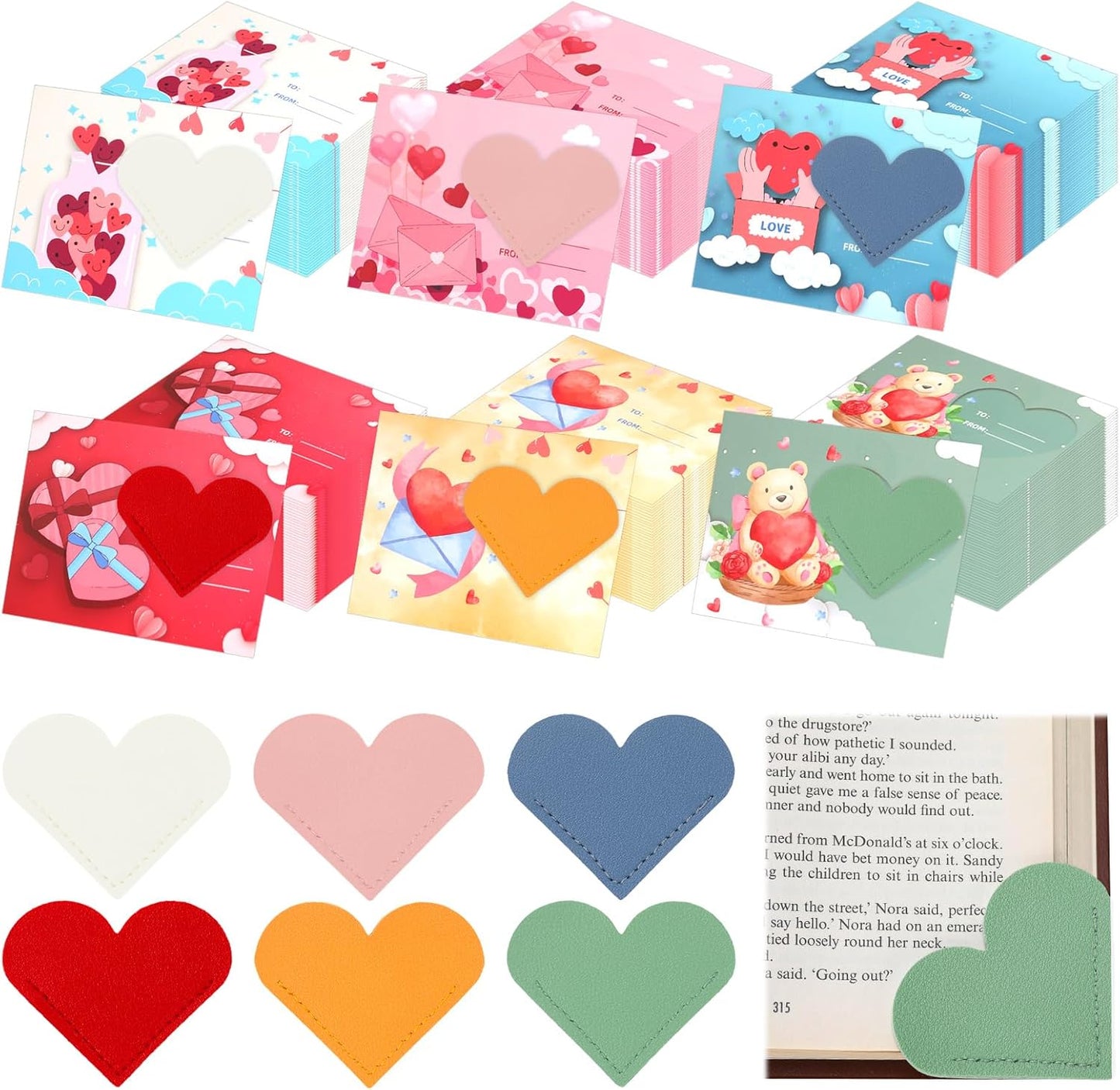 Epakh 24 Sets Valentine's Day Leather Heart Bookmarks with Cards Valentines Galentines Day Gifts Corner Page Bookmark for Reading Women Prizes Party Favor Supplies 6 Styles