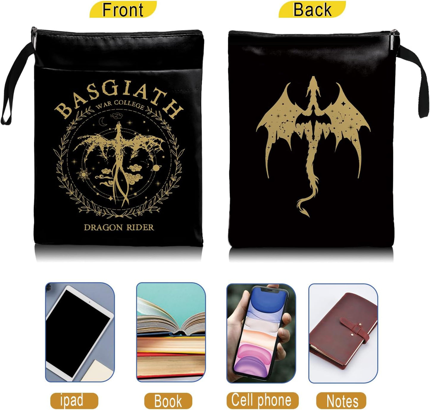 Book Cover Dragon Ridder Inspired Gift, Dragon Merch Pattern Reusable Book Pouch, BASGIATH WAR COLLEGA Book Sleeve for Book Lovers (Black-Dragon 2, Large)