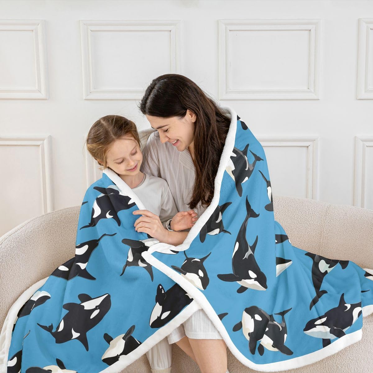 Feelyou Orca Sherpa Throw Blanket for Couch Ocean Whale Super Soft Cozy Fleece Sealife Blanket for Winter, Plush Throw Ocean Marine Baby 30"x40" Marine Life Sea All Season